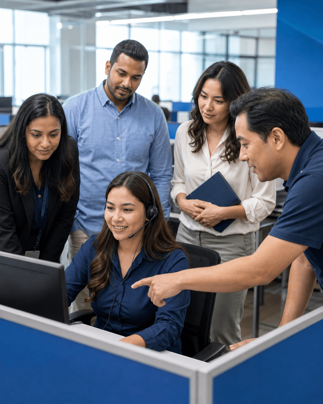 Global Empire Corporation team reviewing live customer service results together on the contact centre floor